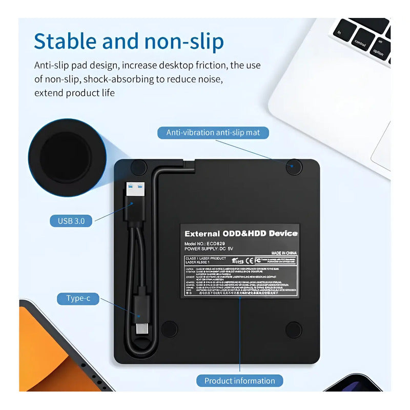 Lector Grabador Dvd Cd Externa Usb3.0 Usb C Otg Portatil Negro