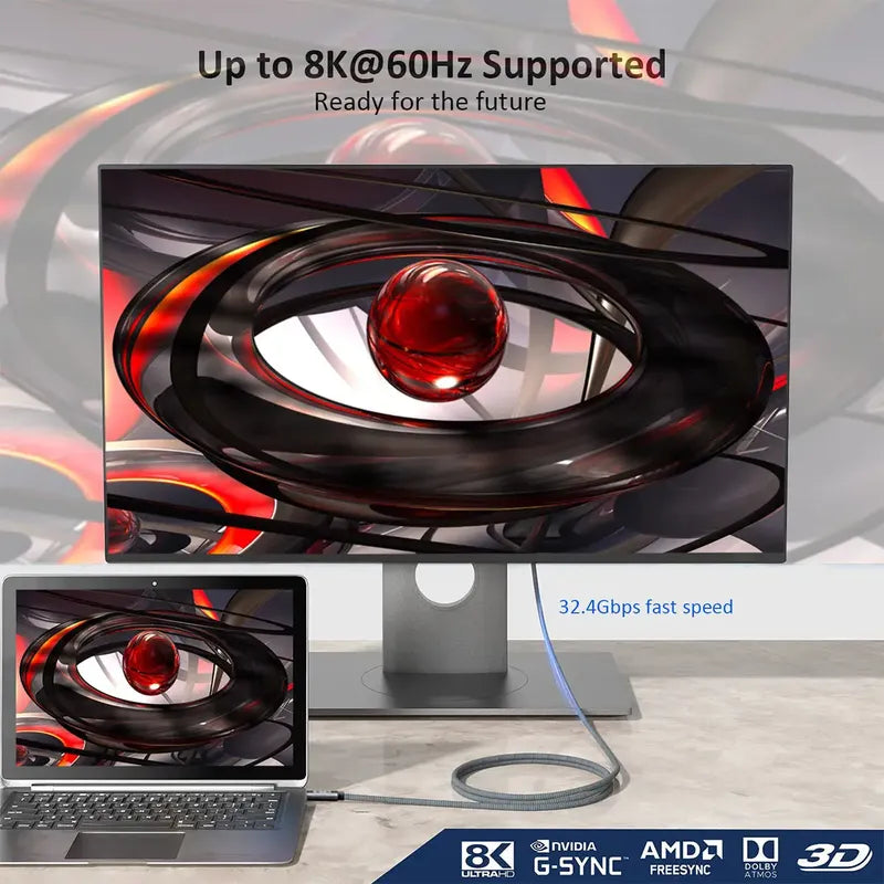 Cable Usb C A Displayport 1.4 8k 60hz 4k 144hz 2 Metros Alta Velocidad Resolución Gris