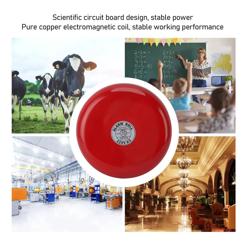 Timbre Campana Alarma 220v Metal Rojo Escuela Incendio 97db 10 Pulgadas Rojo