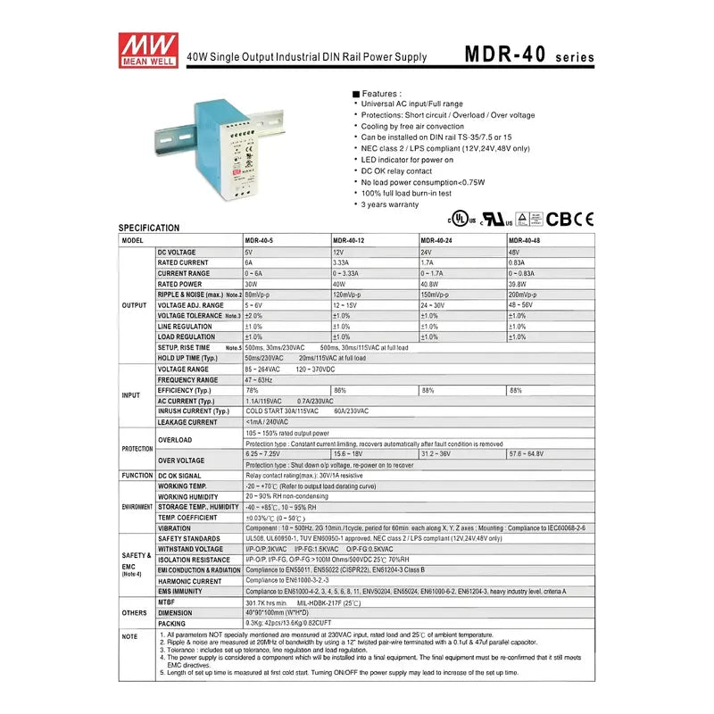 Fuente Poder Riel Din Mean Well Mdr-40-48 48v 0.83 amp 40w