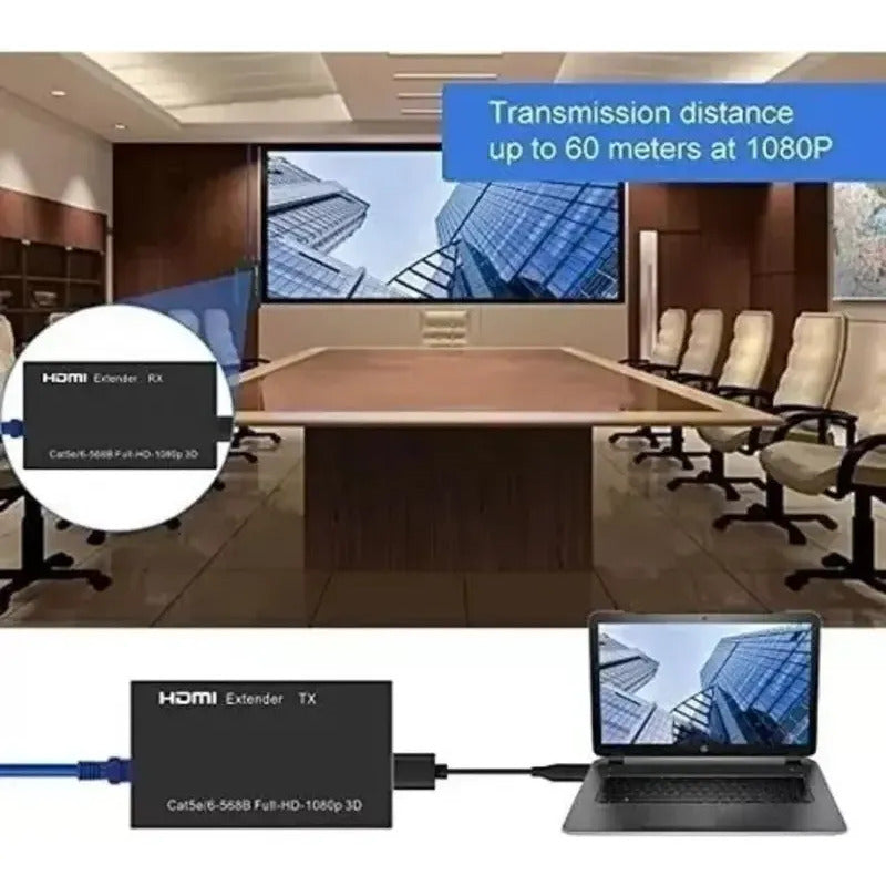 Extensor Hdmi Activo 60m Con Cable Rj45 Cat5e/6e 1080p Tx Rx Negro