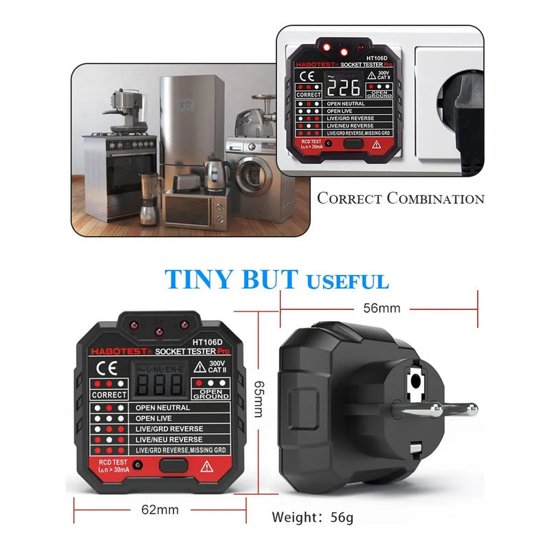 Probador De Diferencial Y Enchufes Tester 48-250v Lcd 220vac