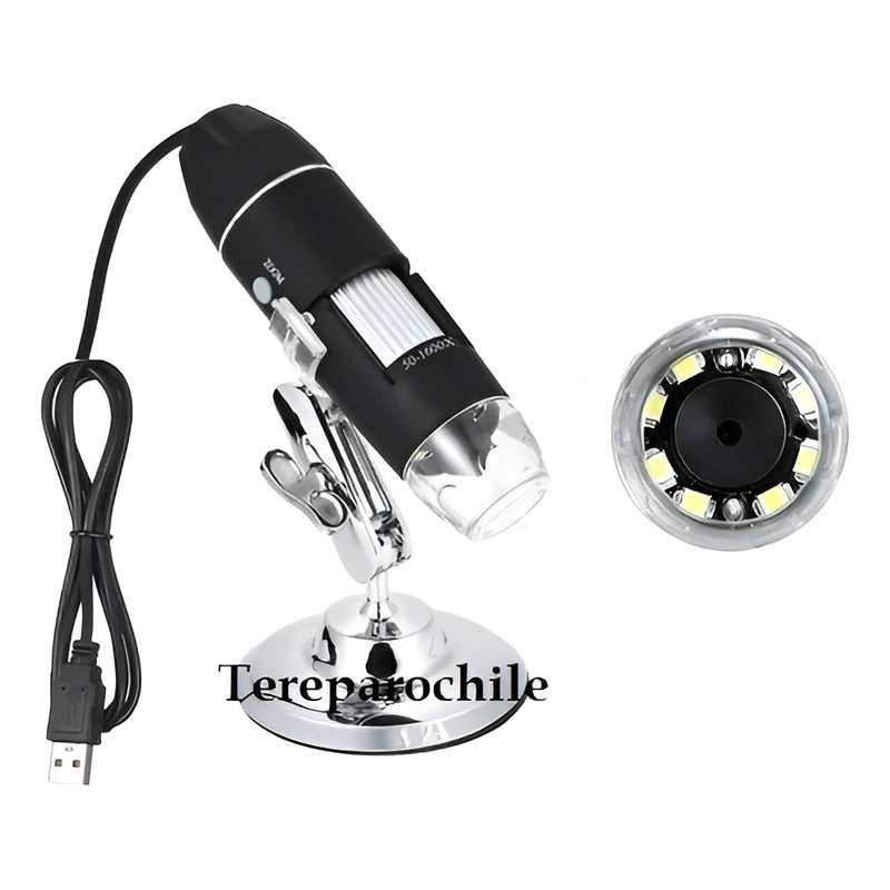 Microscopio Digital Usb 1600x Pc Notebook Celular Tab 8 Leds Negro