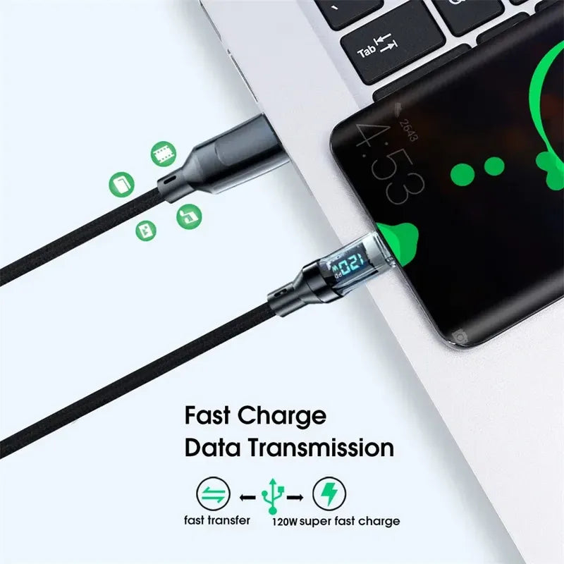 Cable De Carga Usb A - Usb C Pantalla Led 120w Nylon Negro Negro