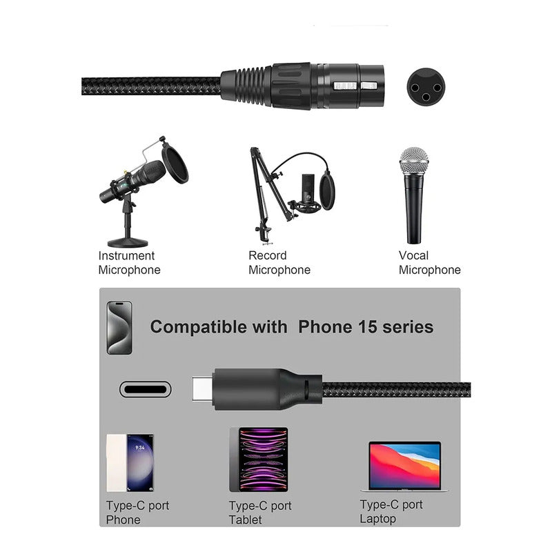 Cable Microfono Usb Tipo C A Xlr Hembra Cable Audio 1 Metro Negro