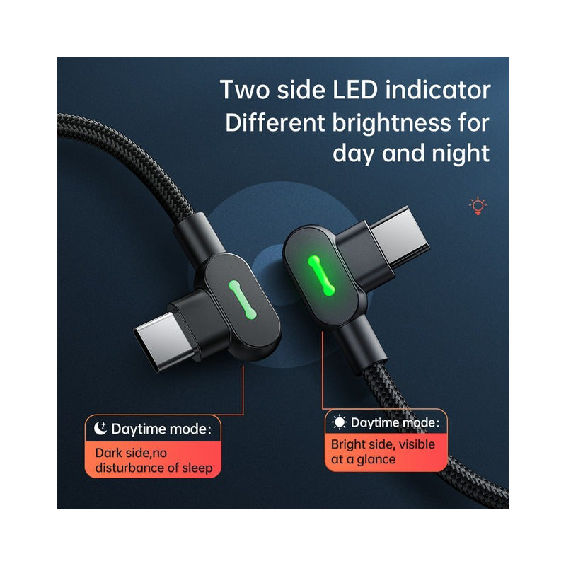 Cable Usb 60w Tipo-c A Usb-c Carga Rápida 2mt 90° -2 Led -3a Negro
