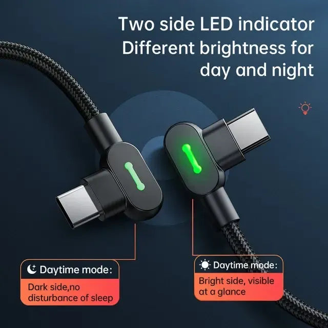 Cable Usb 60w Tipo-c A Usb-c Carga Rápida 2mt 90° -2 Led -3a Negro