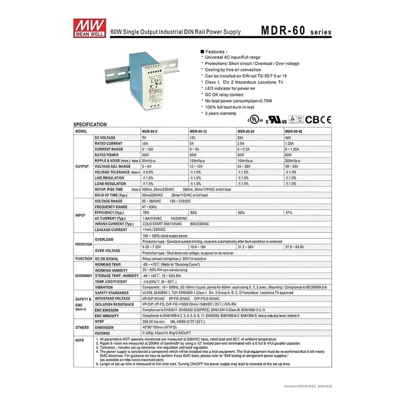 Fuente Poder Riel Din Mean Well Mdr-60-48 48v 1.25 amp 60w