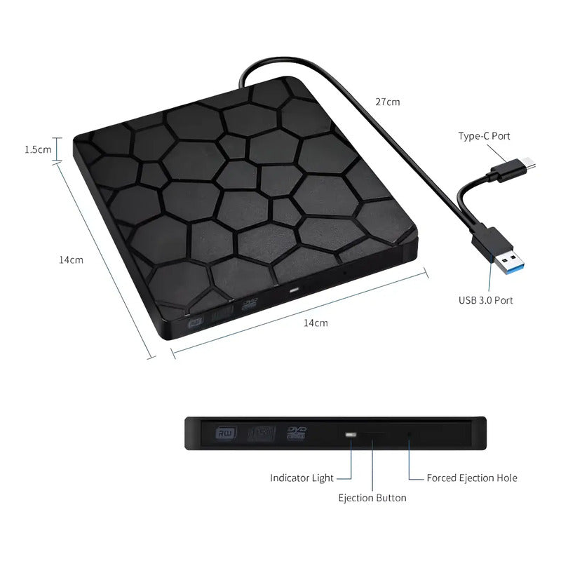 Lector Grabador Dvd Cd Externa Usb3.0 Usb C Otg Portatil Negro