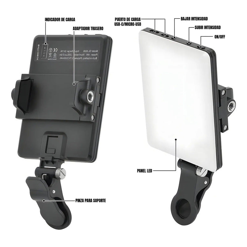 Panel Luz Lampara Con Clip Video Camara Para Telofono 60 Led Negro 3200k-5600k Ajustable