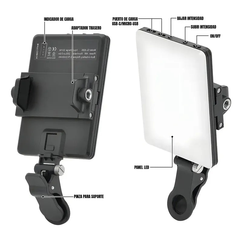 Panel Luz Lampara Con Clip Video Camara Para Telofono 60 Led Negro 3200k-5600k Ajustable