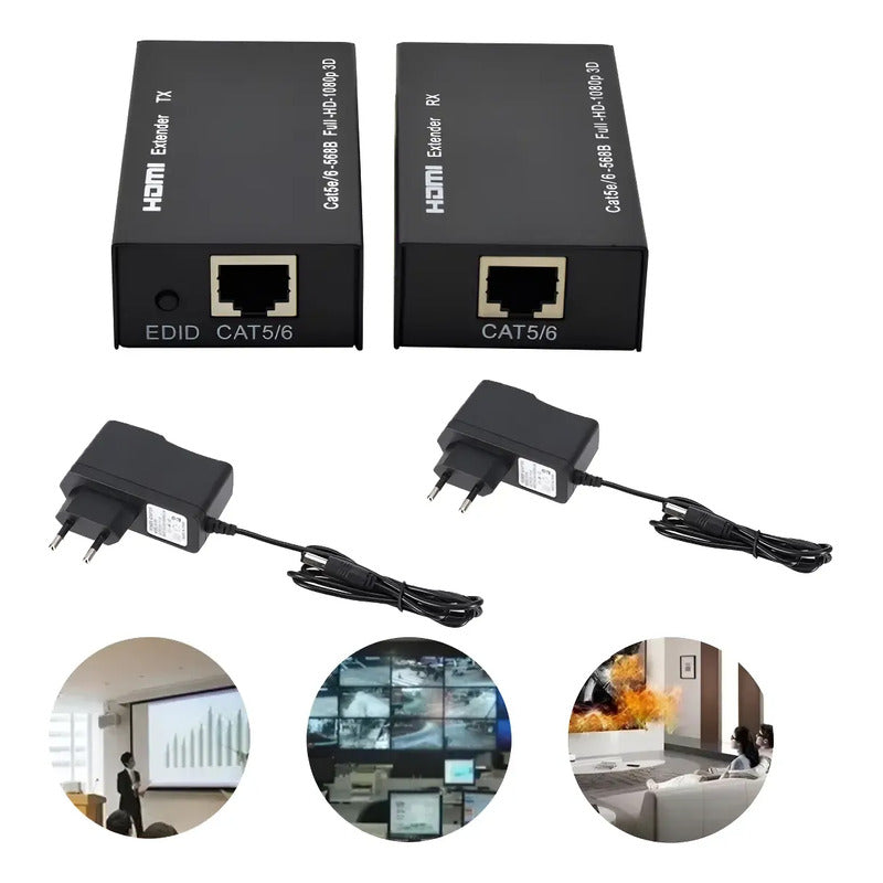 Extensor Hdmi Activo 60m Con Cable Rj45 Cat5e/6e 1080p Tx Rx Negro