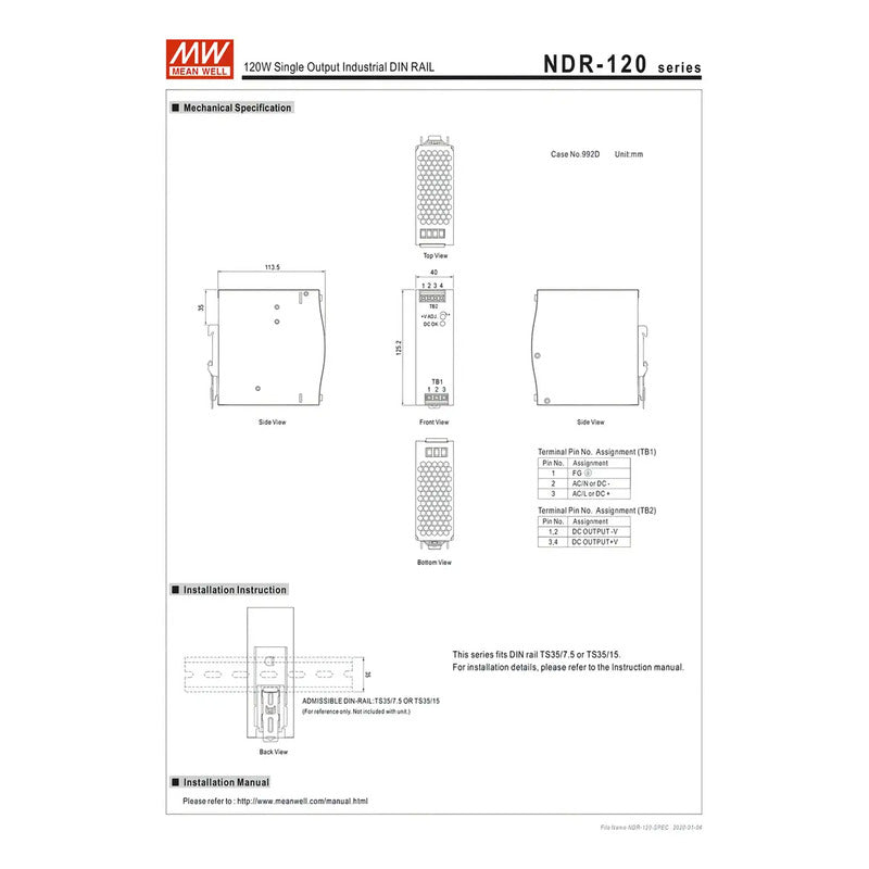 Fuente Poder Mean Well Riel Din Metal 24v 120w Ndr-120-24