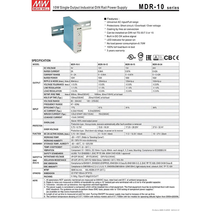 Fuente De Poder Riel Din Mean Well Mdr-10-15 15v 0.67 a 10w
