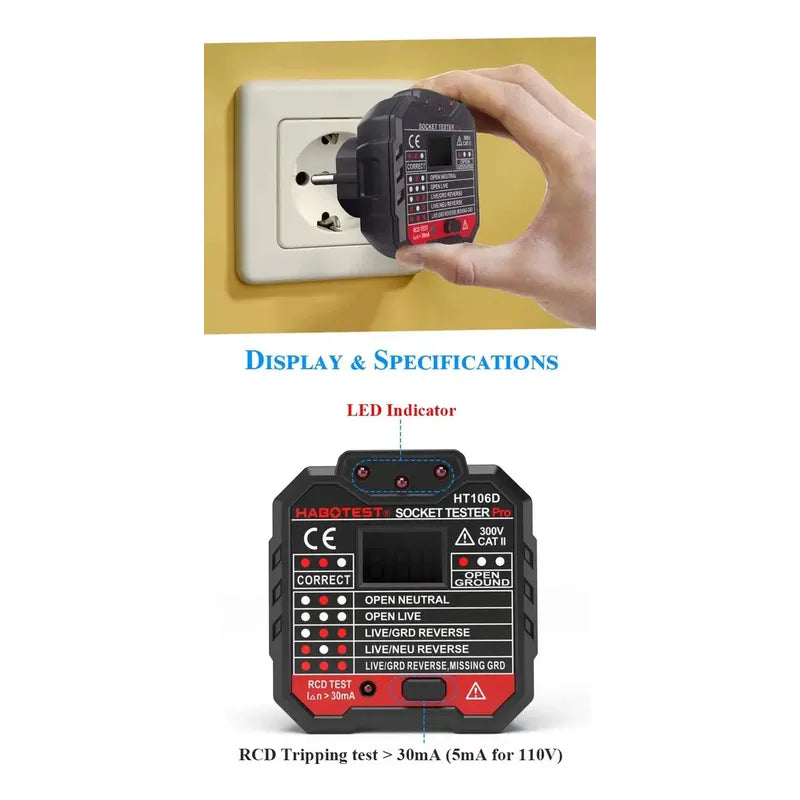 Probador De Diferencial Y Enchufes Tester 48-250v Lcd 220vac