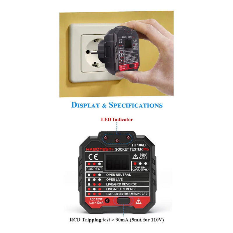 Probador De Diferencial Y Enchufes Tester 48-250v Lcd 220vac