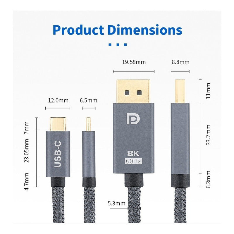 Cable Usb-c A Displayport 1.4 2mt Premium 8k Uhd - 4k 144hz Gris