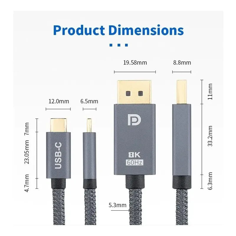 Cable Usb-c A Displayport 1.4 2mt Premium 8k Uhd - 4k 144hz Gris