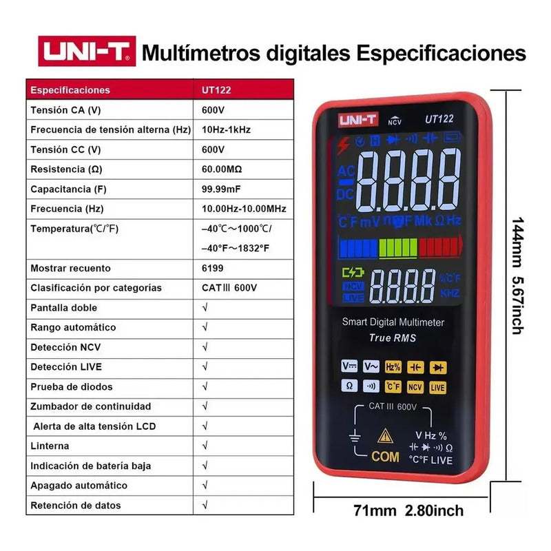 Multimetro Digital Recargable Ut122 Ac/dc Ncv Cat3 600v