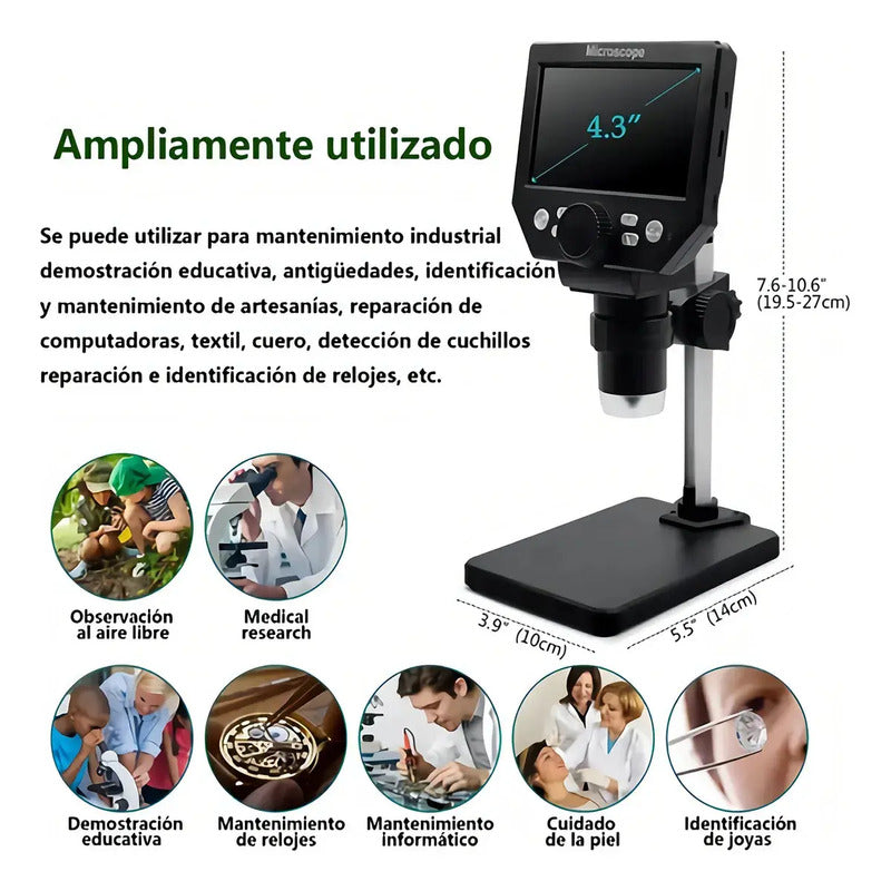Microscopio Electronico Digital Pantalla 4.3 Pulgadas 1000x Usb Hd 10.mp Negro