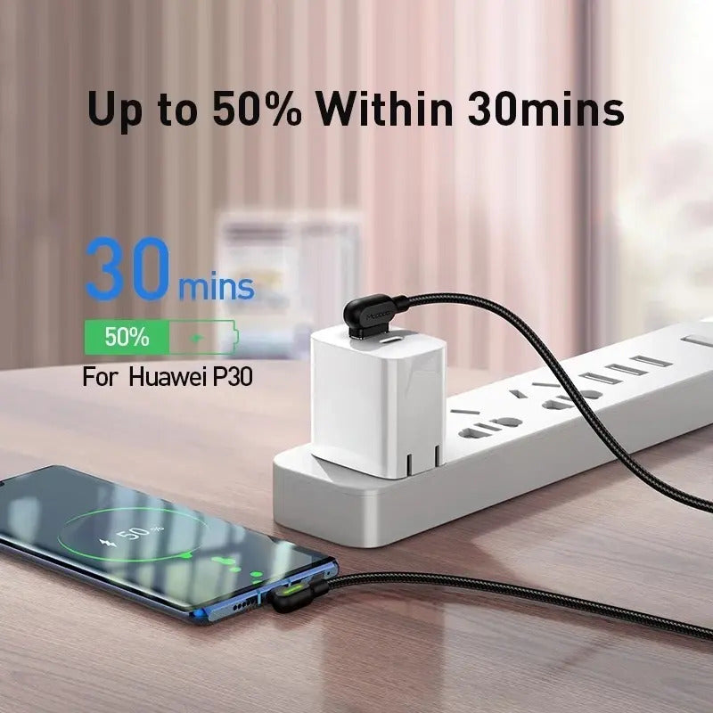 Cable Usb Tipo C 3.0 Carga Rápida 3mt 90° L Luz Led 3a Negro