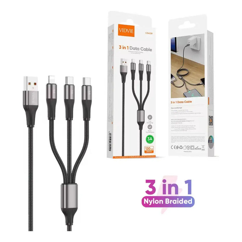 Cable Carga Y Datos Usb 3 En 1 Para Lightning Y 2 Usb Tipo C Gris Oscuro