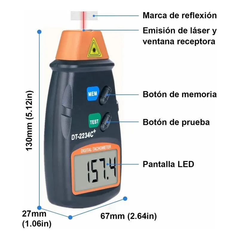 Tacometro Digital Medidor Rpm Sin Contacto Infrarrojo Laser Naranjo Negro