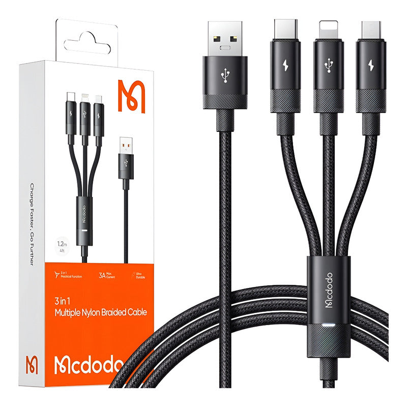 Cable Cargador Usb 3 En 1 Para Lightning Tipo-c Y Micro Usb