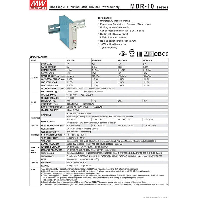 Fuente De Poder Riel Din Mdr-10-12 Mean Well 12v 0.84a 10w