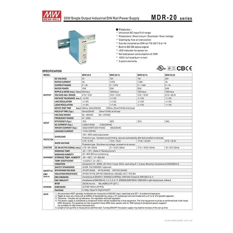 Fuente De Poder Riel Din Mean Well Mdr-20-5 5v 3 amp 15w