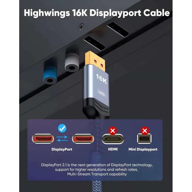 Cable Displayport 2.1 80gbps 16k 60hz 8k 4k 240hz 1mt Uhbr20