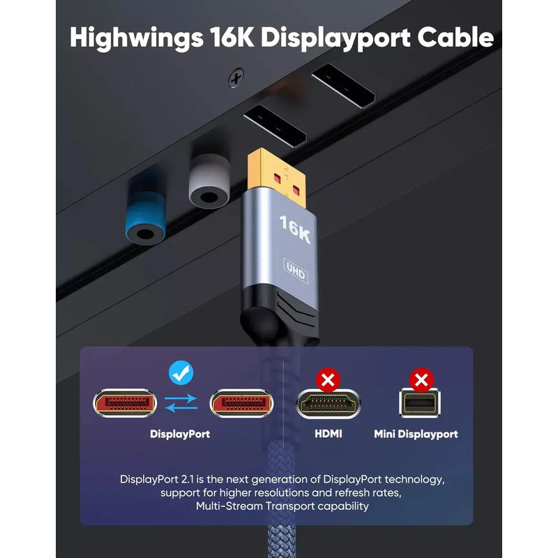 Cable Displayport 2.1 A 2.1 8k 16k 240hz 2m Negro Nylon Trenzado