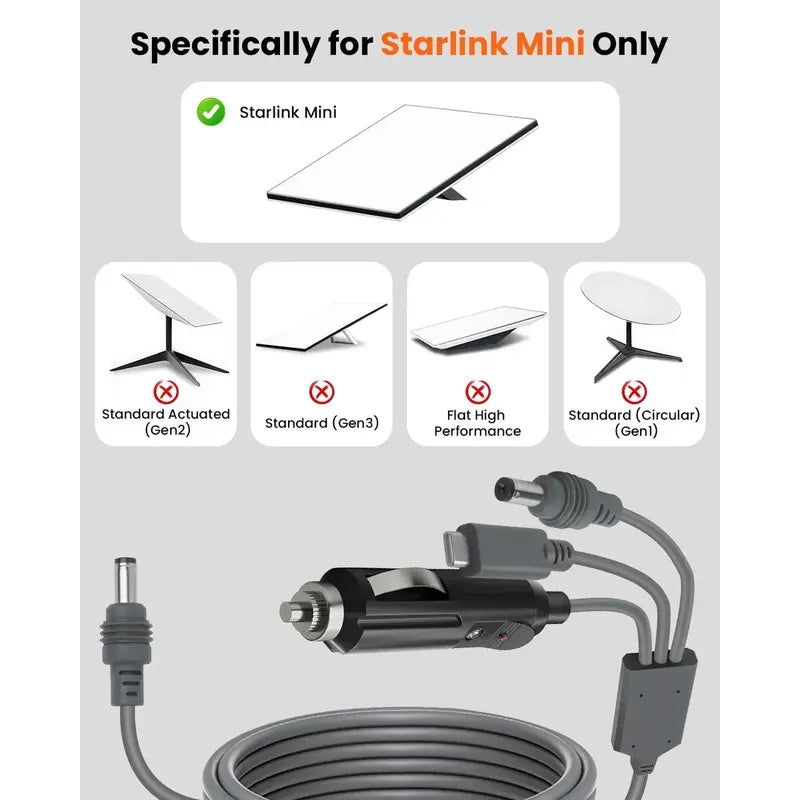 Cable Cargador De Auto 3 En 1 Para Starlink Mini Tipo C 2mt Negro Y Gris