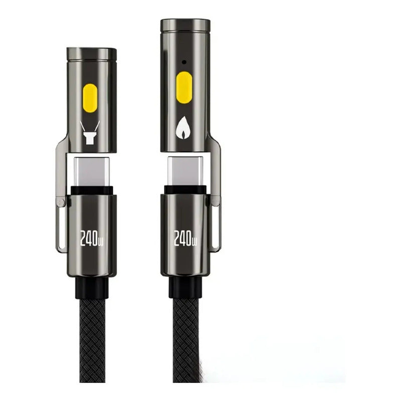 Cable Carga Rapida Usbc 240w 480mbps Con Linterna Encendedor Trenzado 1.2 Metros Negro