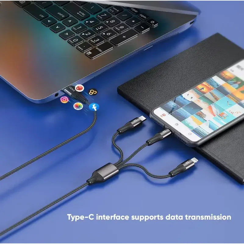 Cable Carga Y Datos Usb 3 En 1 Para Lightning Y 2 Usb Tipo C Gris Oscuro