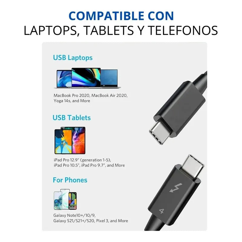 Cable Usb-c 4.0 Para Thunderbolt 4 40gbps 100w 8k 60hz 4k 1m Negro