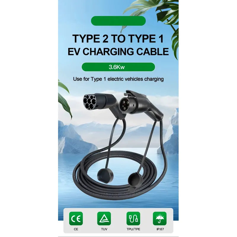 Cable Carga Auto Ev J1772 Tipo 2  A Tipo 1 Negro 3.6kw 3.5mt