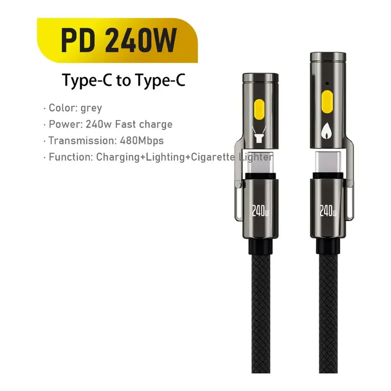 Cable Carga Rapida Usbc 240w 480mbps Con Linterna Encendedor Trenzado 1.2 Metros Negro