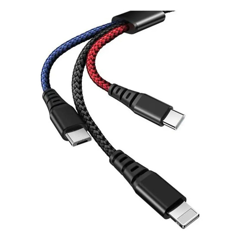 Cable Cargador Usb 3 En 1 Tipo-c Micro Usb Y Para Lightning Negro