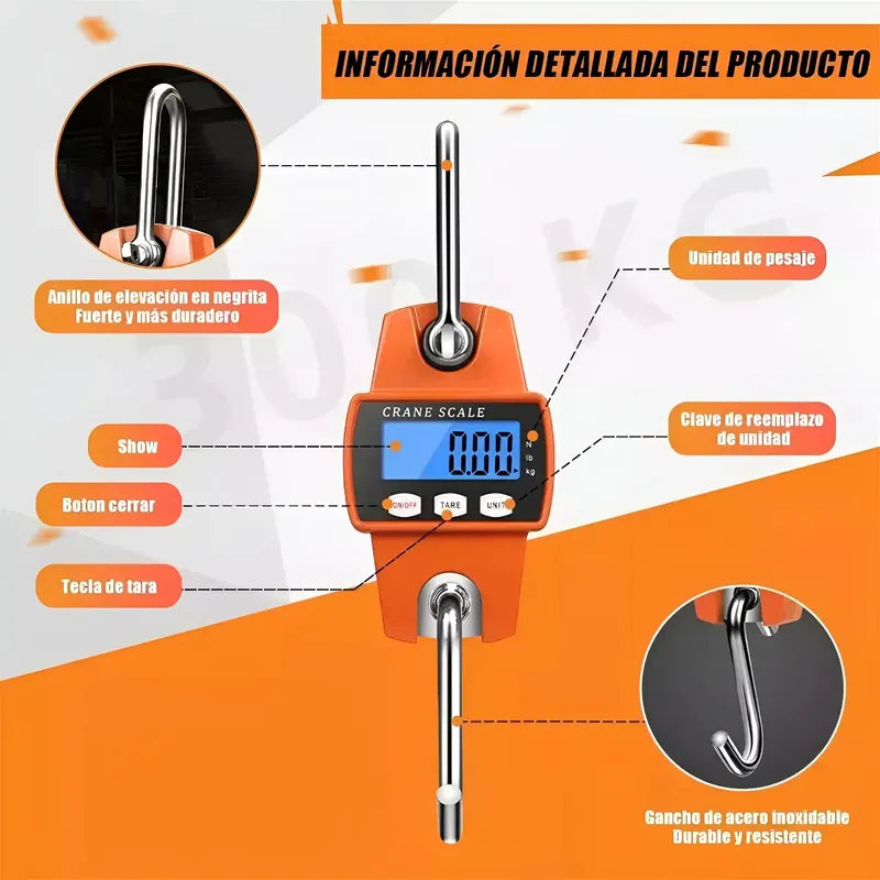 Balanza Pesa Digital Colgante Gancho Portátil 300 Kg Romana Naranja