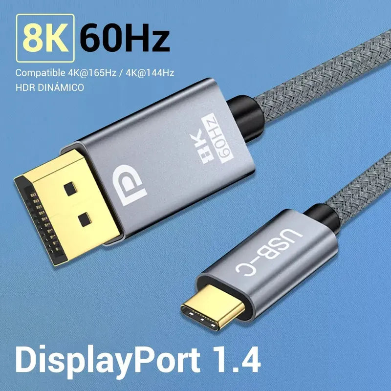 Cable Usb C A Displayport 1.4 8k 60hz 4k 144hz 2 Metros Alta Velocidad Resolución Gris