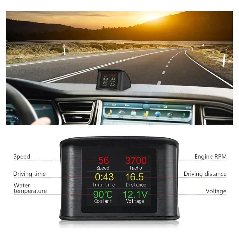 Velocímetro Obd2 Obdii Medidor Digital Inteligente Pantalla Temperatura Hora Consumo De Combustible Hud P10 Negro