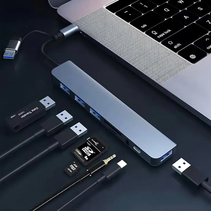 Hub Usb/tipoc 8 En 1 Puertos Usbc Usb2.0 Usb3.0 Sd  Tf Jack Negro