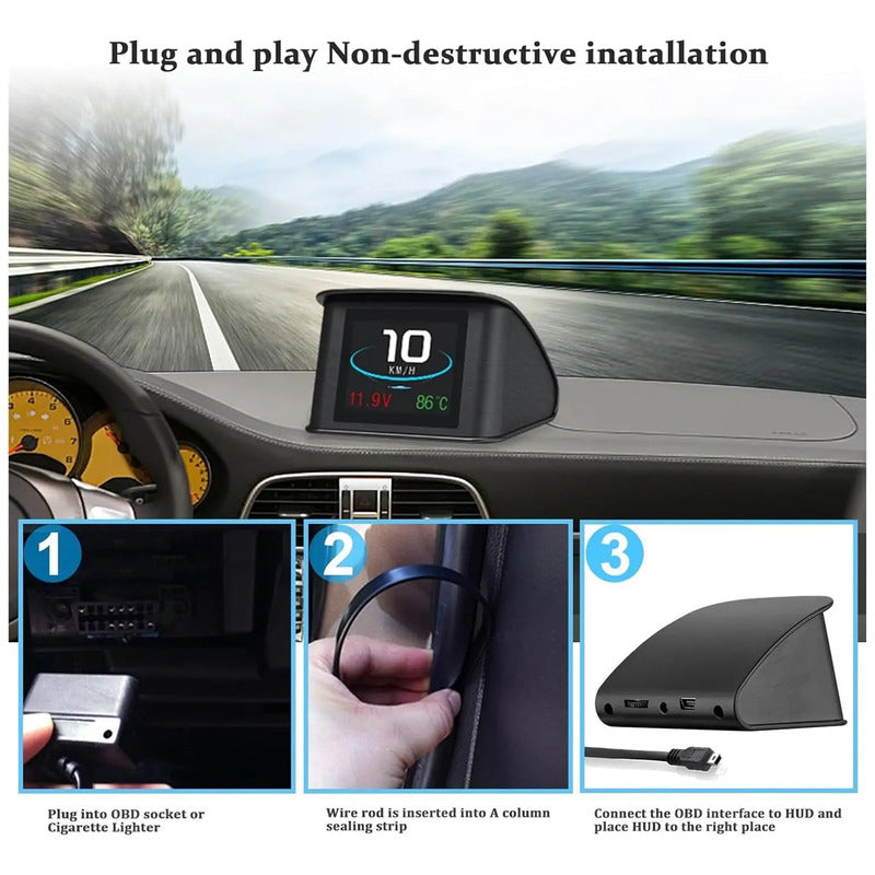 Velocímetro Obd2 Obdii Medidor Digital Inteligente Pantalla Temperatura Hora Consumo De Combustible Hud P10 Negro