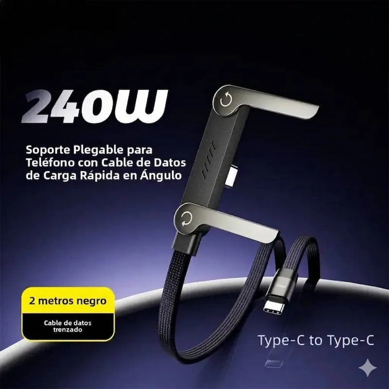 Cable De Carga Plano Usb C Con Soporte Plegable 240w 2metros Negro