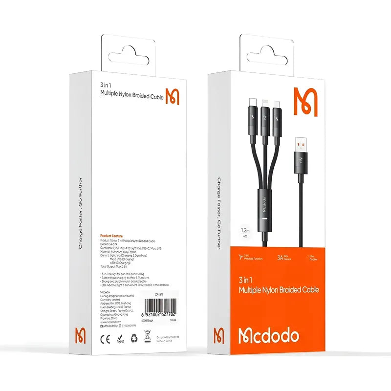 Cable Cargador Usb 3 En 1 Para Lightning Tipo-c Y Micro Usb