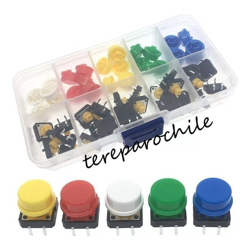 Pack 25 Pulsador Color 4 Pines 12 X 12mm + Caja Organizadora Multi