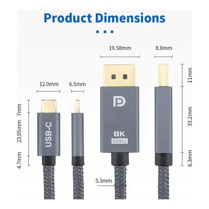 Cable Usb Tipo C Displayport 8k 60hz - 4k 144hz 2metros 80gb Gris