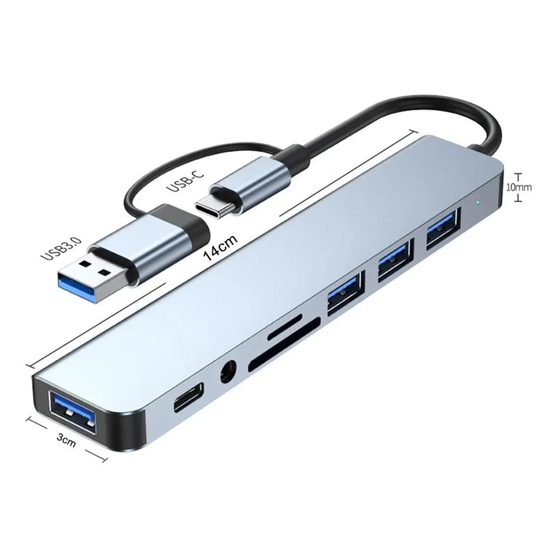 Hub Usb/tipoc 8 En 1 Puertos Usbc Usb2.0 Usb3.0 Sd  Tf Jack Negro