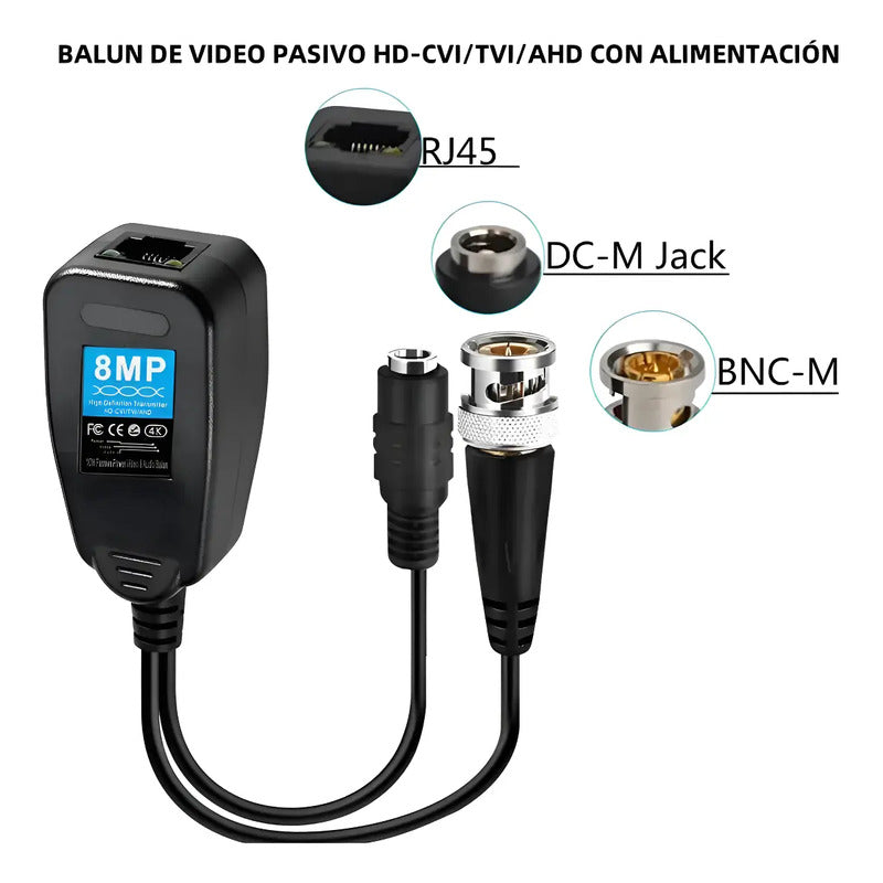 Balun De Vídeo Pasivo Rj45 Cat6-5 Hd-cvi Tvi Ahd Para Cctv Negro